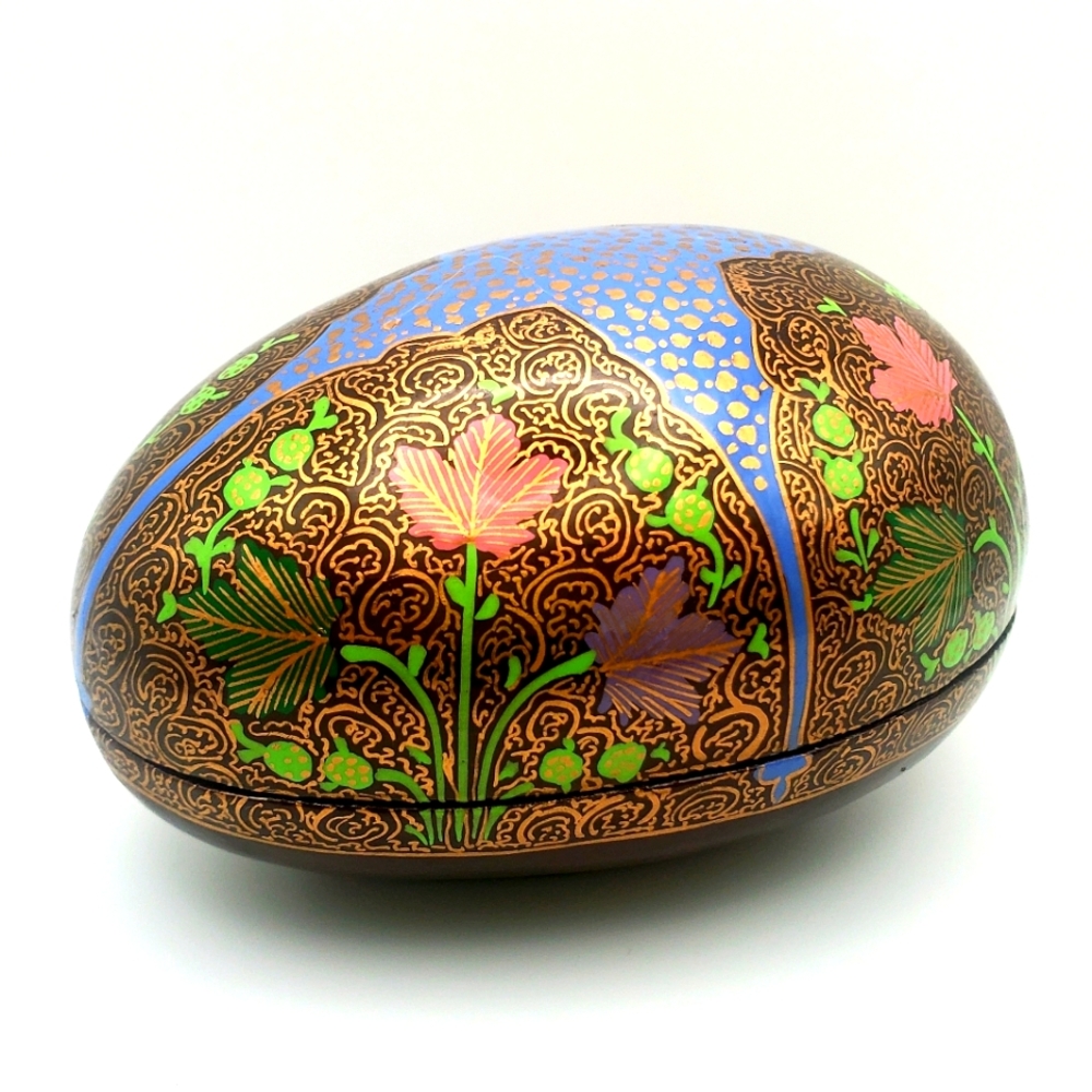Vintage 90's Kashmir Lacquer Egg Trinket Box Glossy Cloisonne Art Style